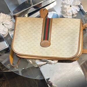 Gucci Beige and Brown Crossbody Bag with Green and Red Stripe